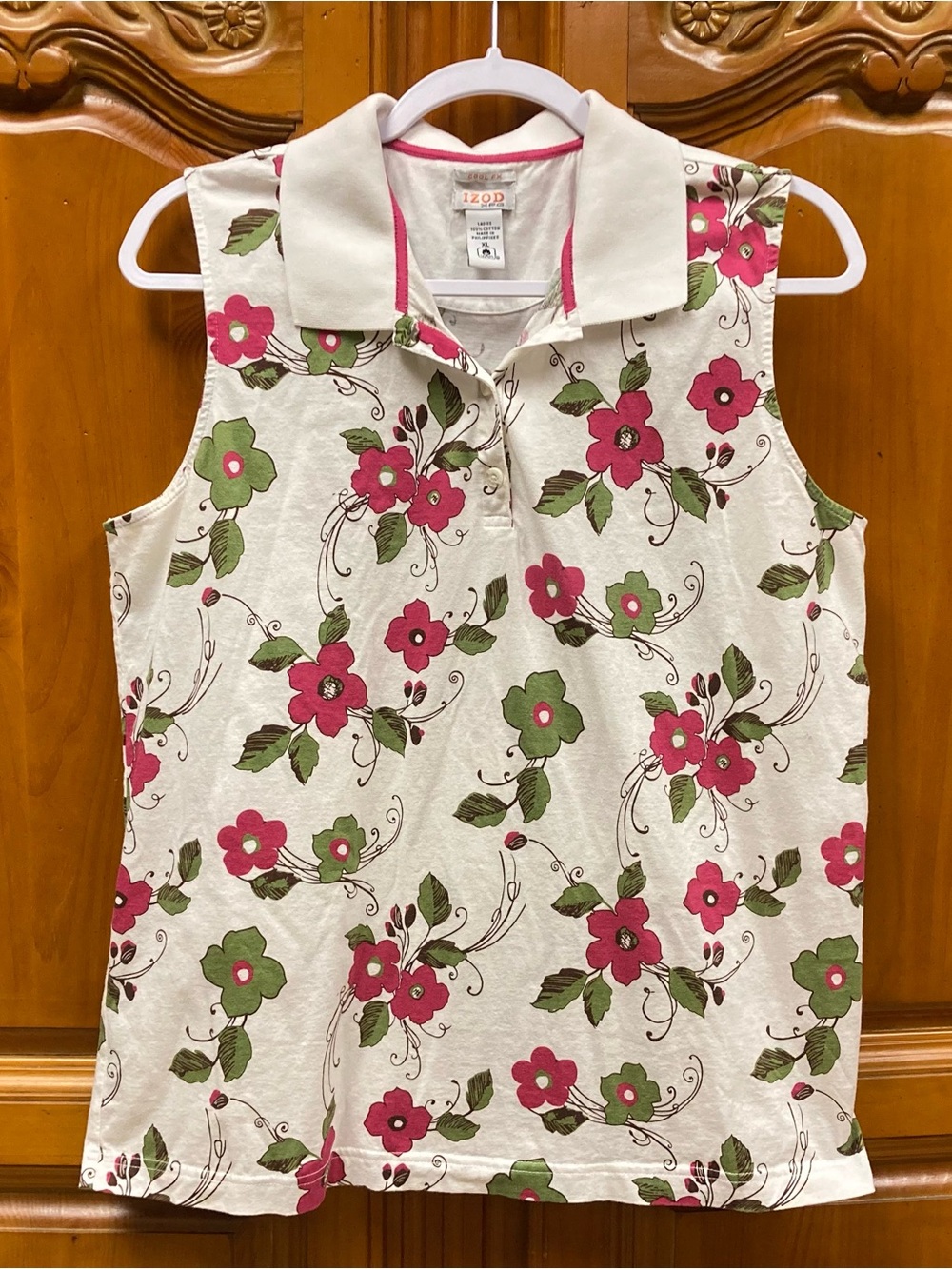 IZOD Floral Sleeveless Top White Pink Green Cotton XL